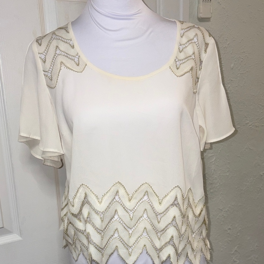 bebe Ivory Scoop Neck Beaded Chevron Blouse